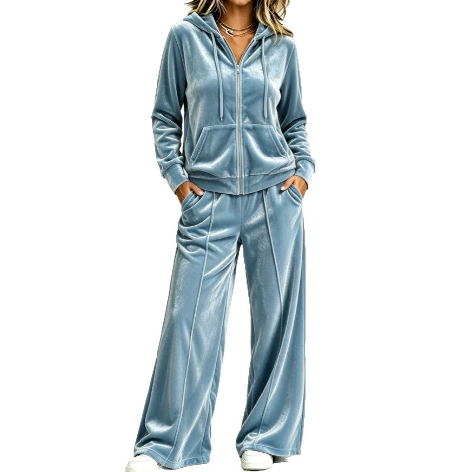Velvet Hooded Sweatshirt & Wide‑Leg Pants Casual Set
