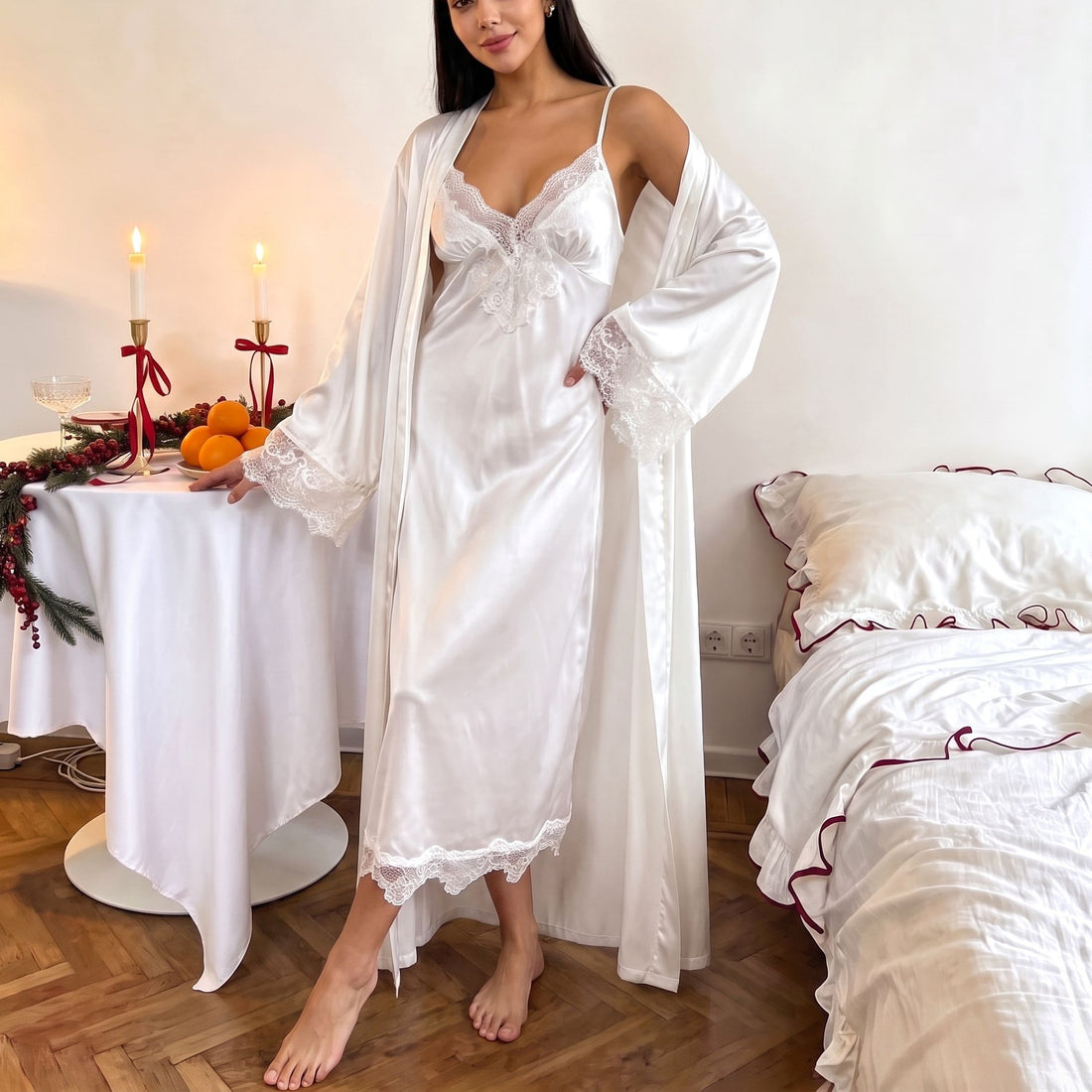 Elegant Lace V-Neck Long Camisole Nightdress with Cuffs