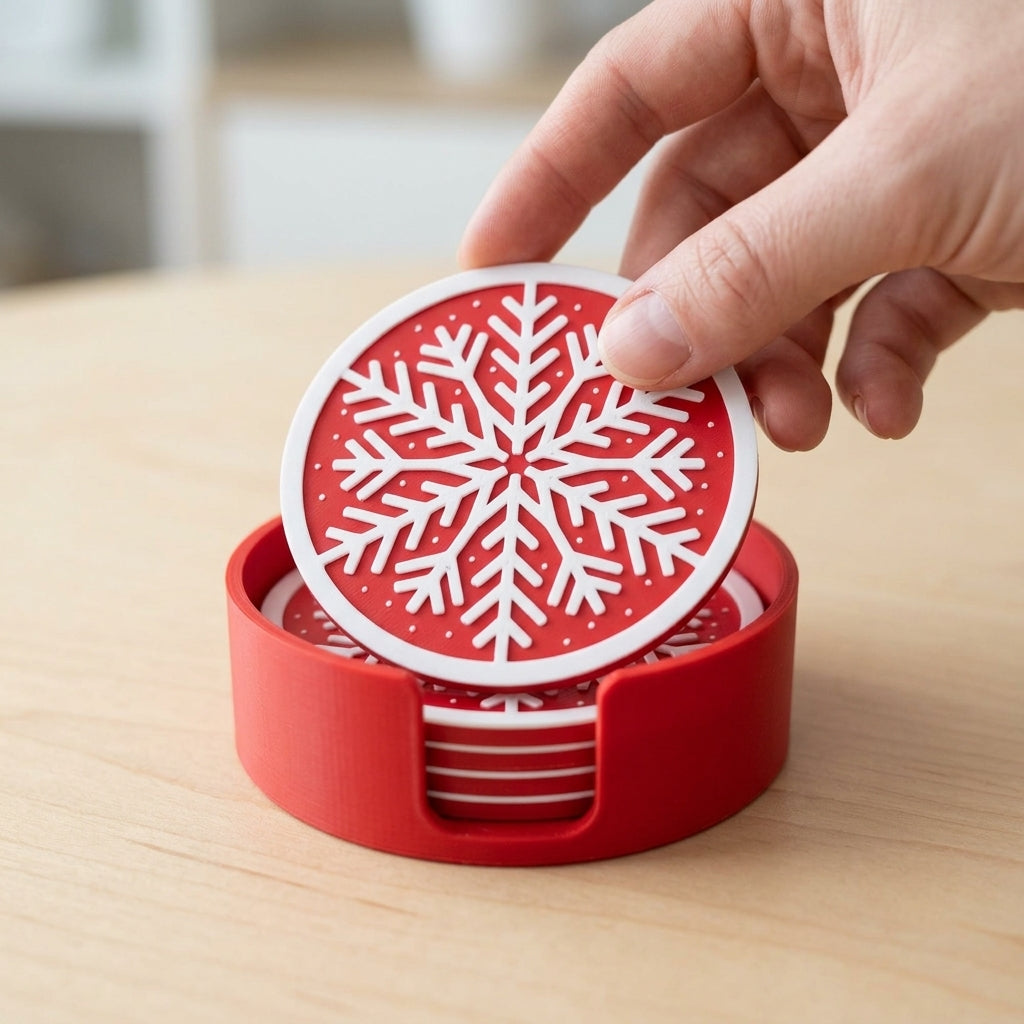 Stackable 3D Printed Snowflake Coasters With Storage Holder