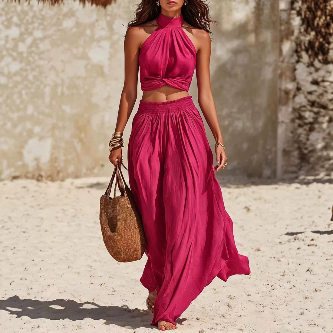 Women’s Casual Halter Top & Wide-Leg Long Skirt Set