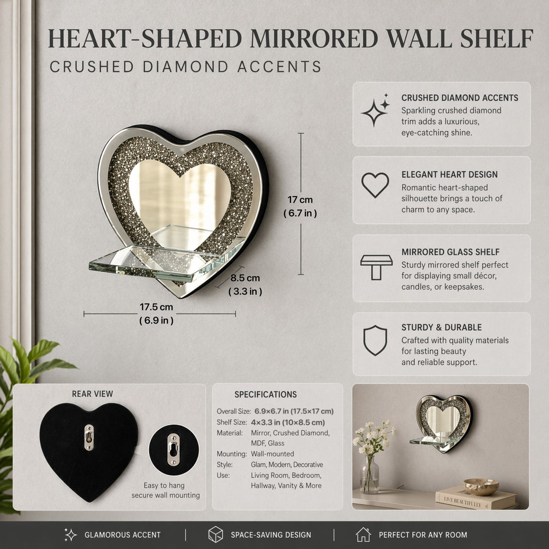 Heart-Shaped Mirrored Shelf with Diamond Inlay