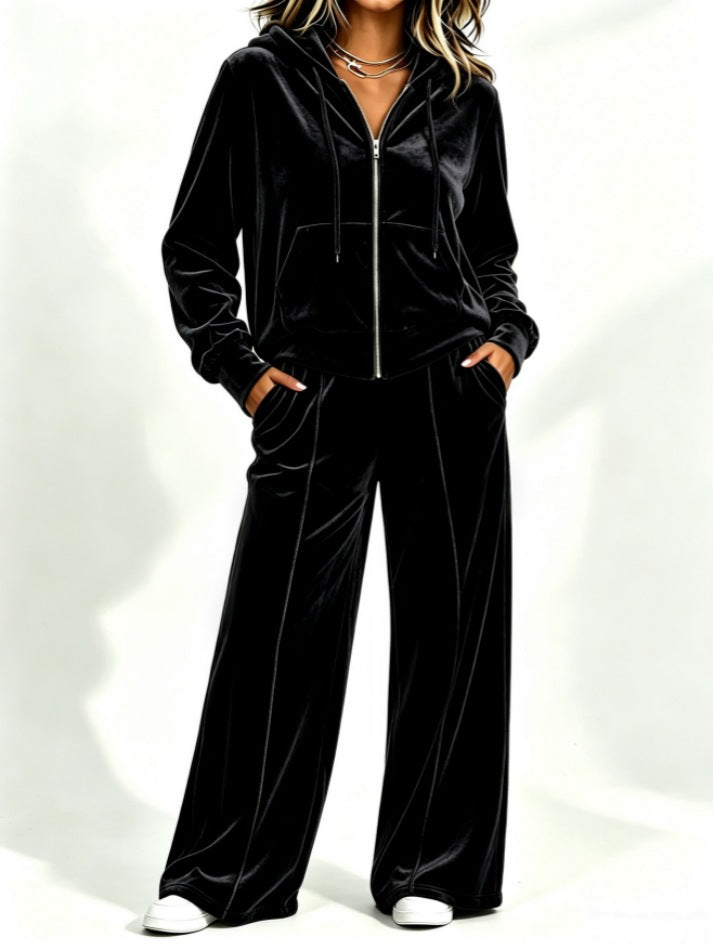 Velvet Hooded Sweatshirt & Wide‑Leg Pants Casual Set