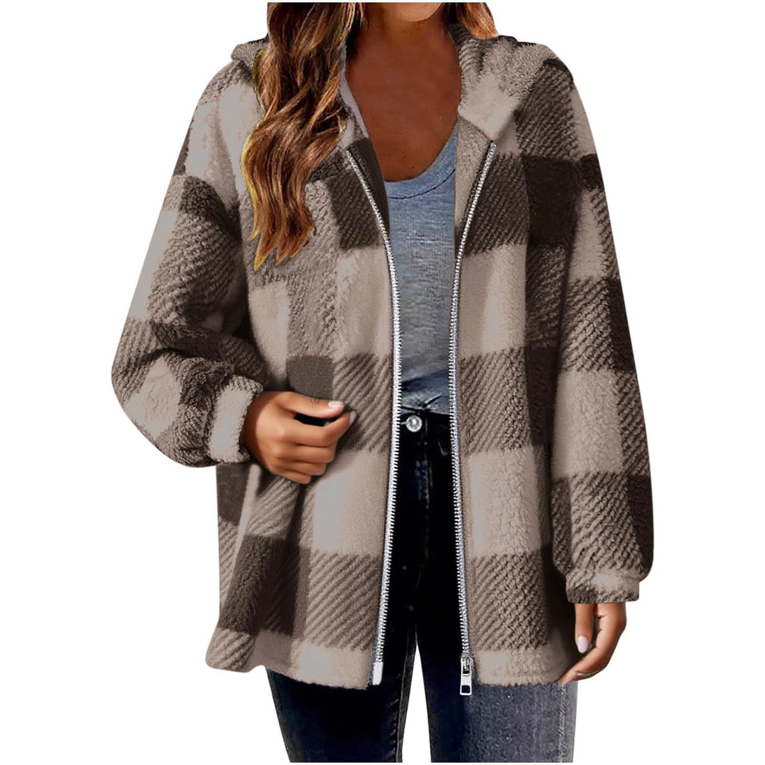 Elegant Plaid Long‑Sleeve Hooded Jacket – Cozy & Versatile