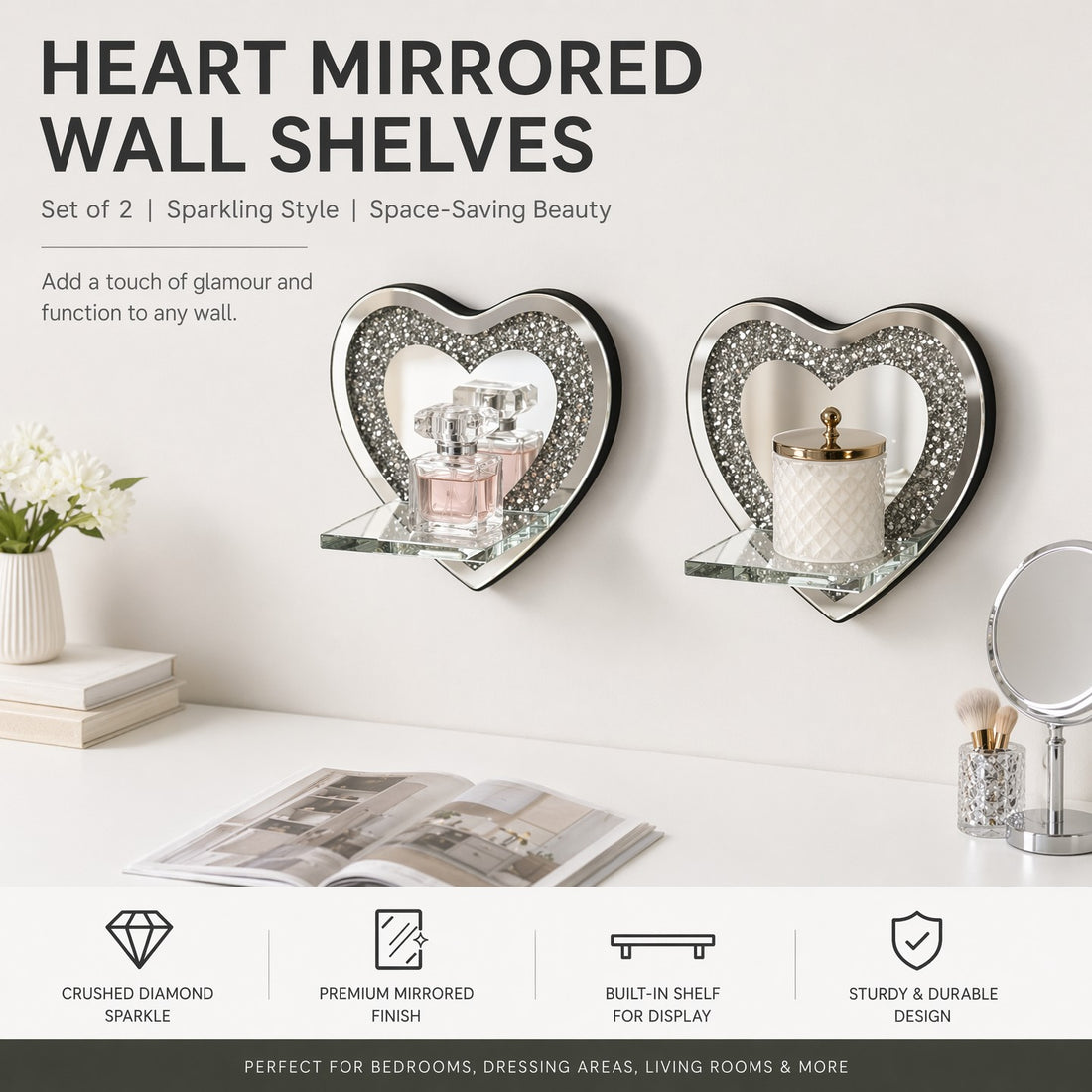 Heart-Shaped Mirrored Shelf with Diamond Inlay
