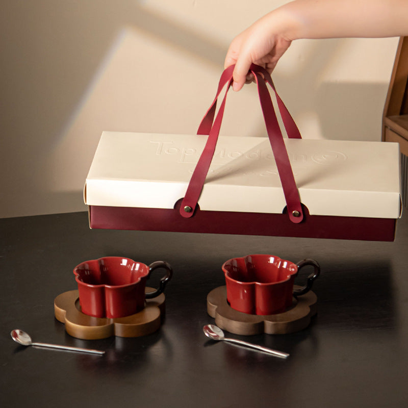 Vintage Ceramic Coffee Cup And Saucer Set With Acacia Wood Tray And Sp