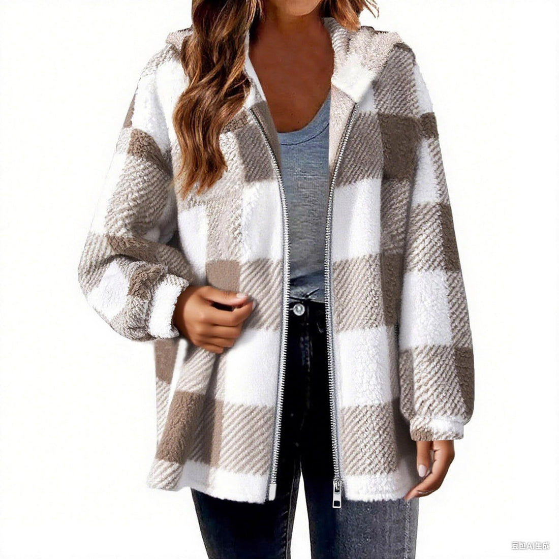 Elegant Plaid Long‑Sleeve Hooded Jacket – Cozy & Versatile