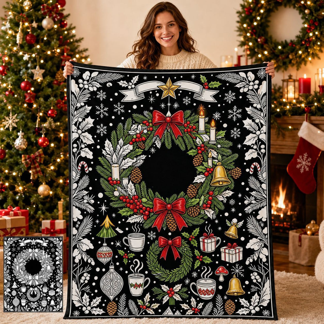 Cozy Hand‑Painted Santa & Elk Throw – Compact Picnic Blanket