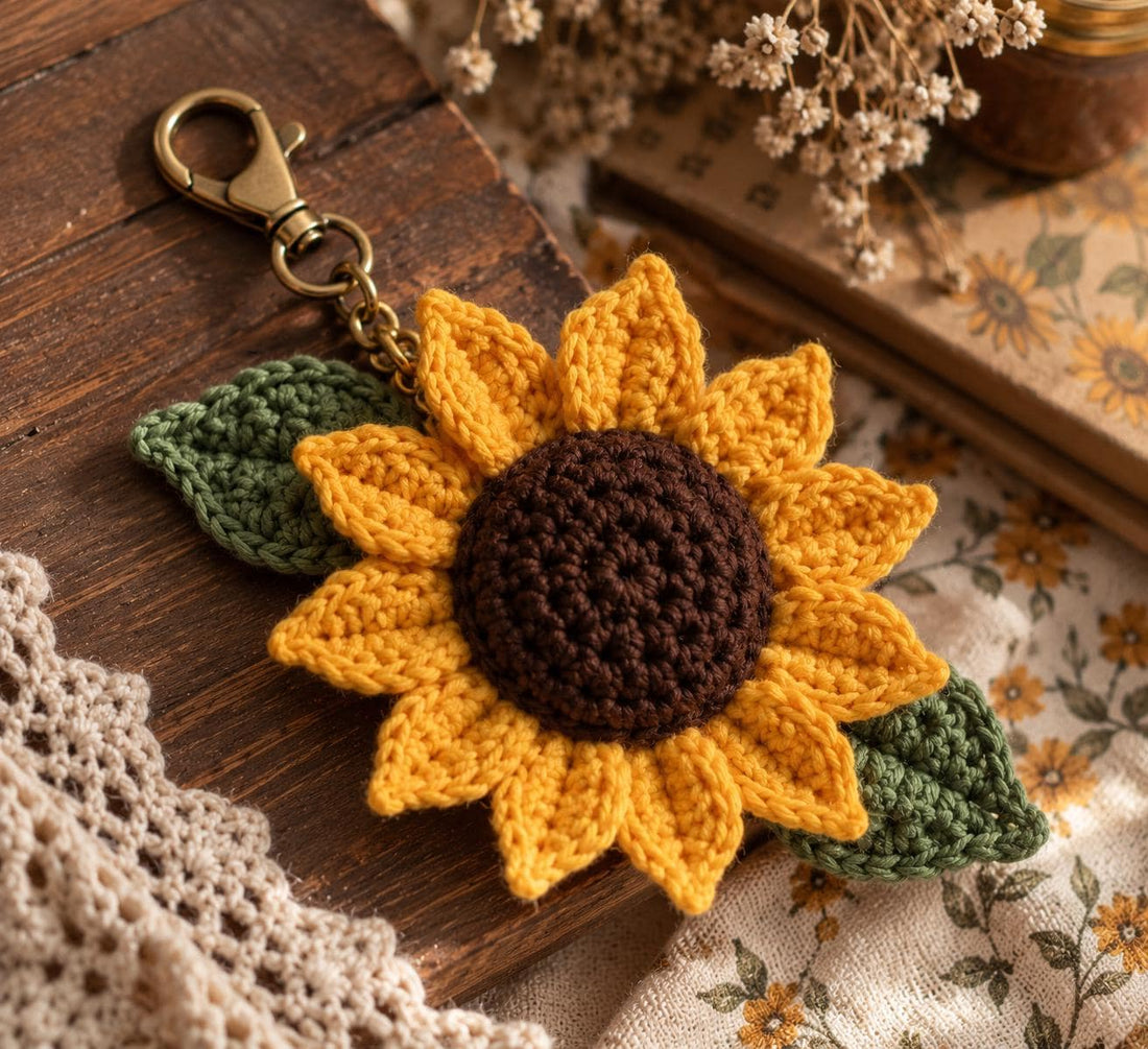 PDF-Anleitung für gehäkelte Sonnenblumen-Schlüsselanhänger, 3 Größen, Taschenanhänger & Blumenmuster, für Anfänger geeignet