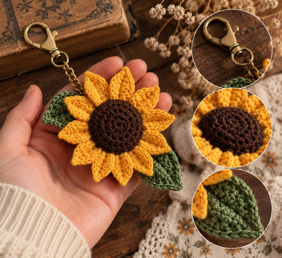 PDF-Anleitung für gehäkelte Sonnenblumen-Schlüsselanhänger, 3 Größen, Taschenanhänger & Blumenmuster, für Anfänger geeignet
