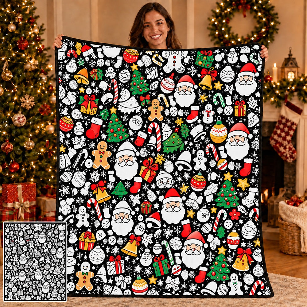 Cozy Hand‑Painted Santa & Elk Throw – Compact Picnic Blanket