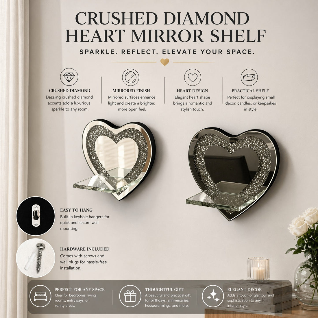 Heart-Shaped Mirrored Shelf with Diamond Inlay