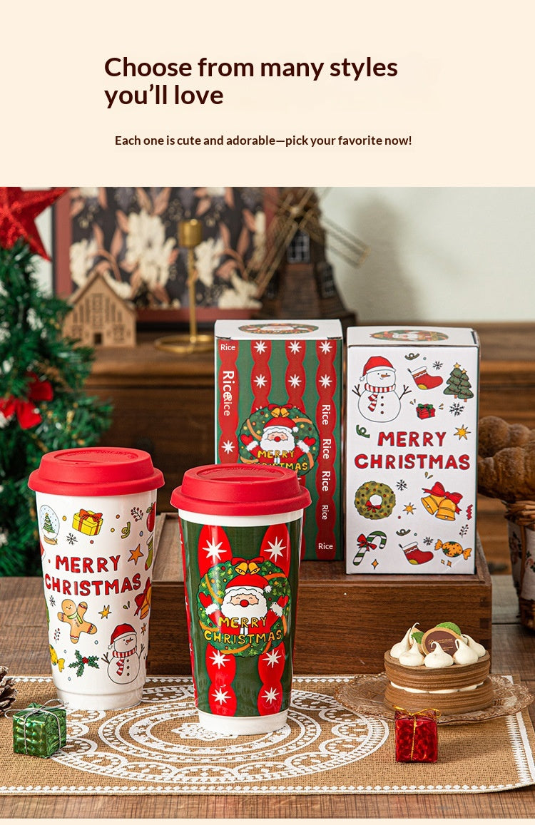 Cartoon Christmas Large-Capacity Ceramic Mug With Lid Gift