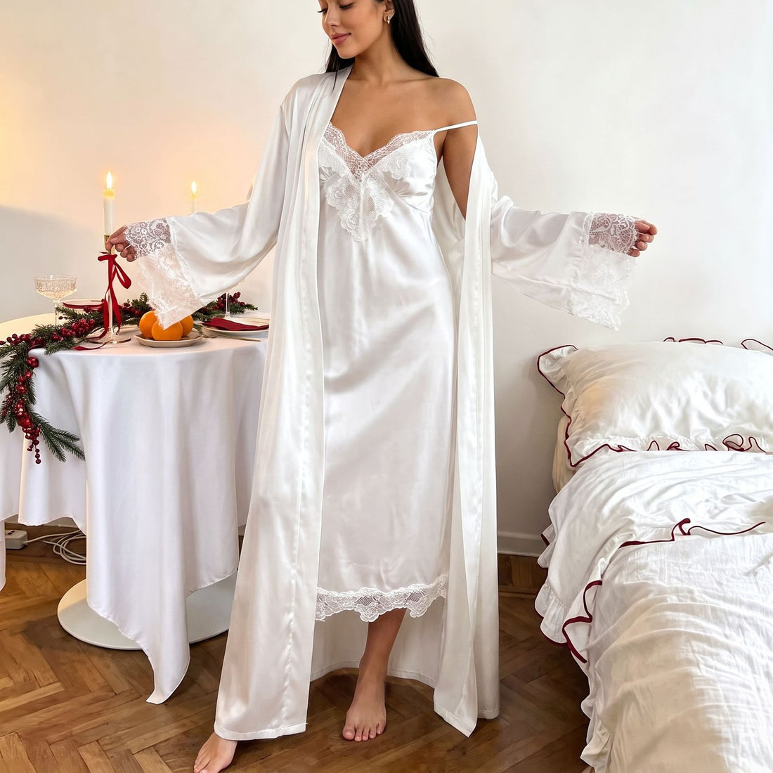 Elegant Lace V-Neck Long Camisole Nightdress with Cuffs