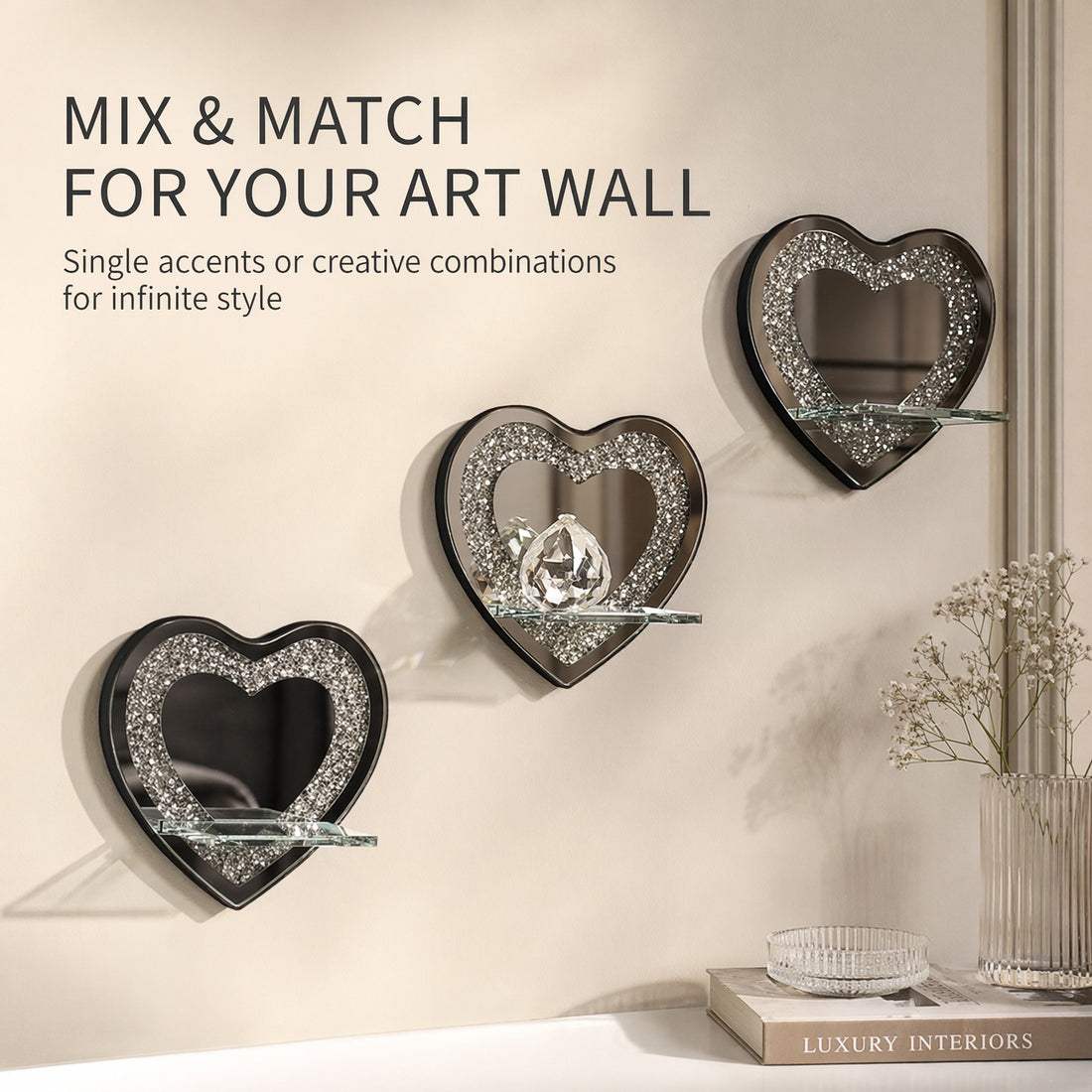 Heart-Shaped Mirrored Shelf with Diamond Inlay
