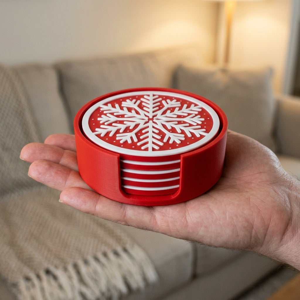 Stackable 3D Printed Snowflake Coasters With Storage Holder