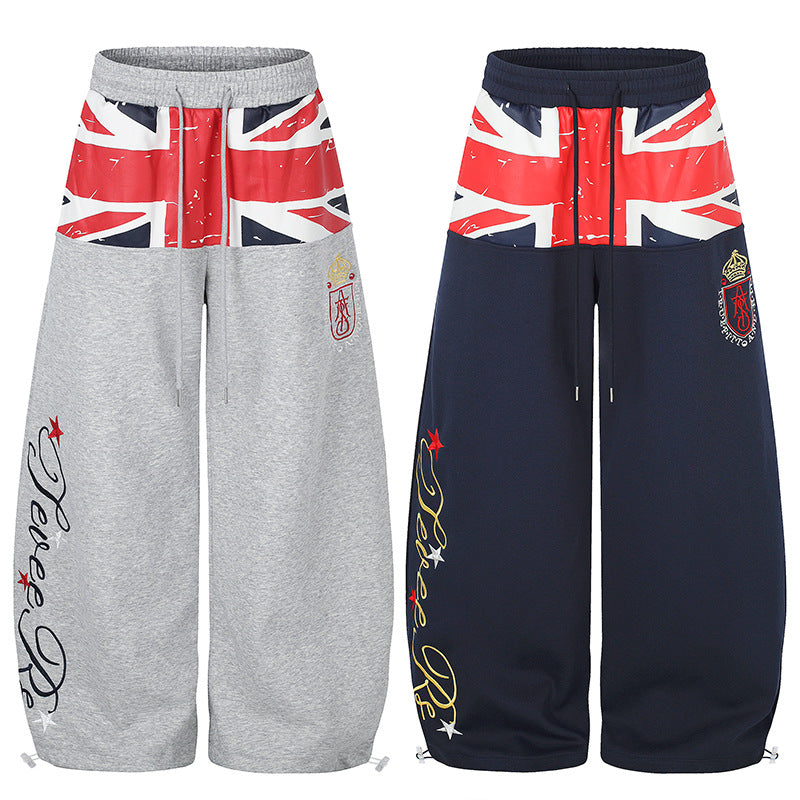 Retro Flag Letter Embroidery Print Sabre-cut Casual Pants For Men