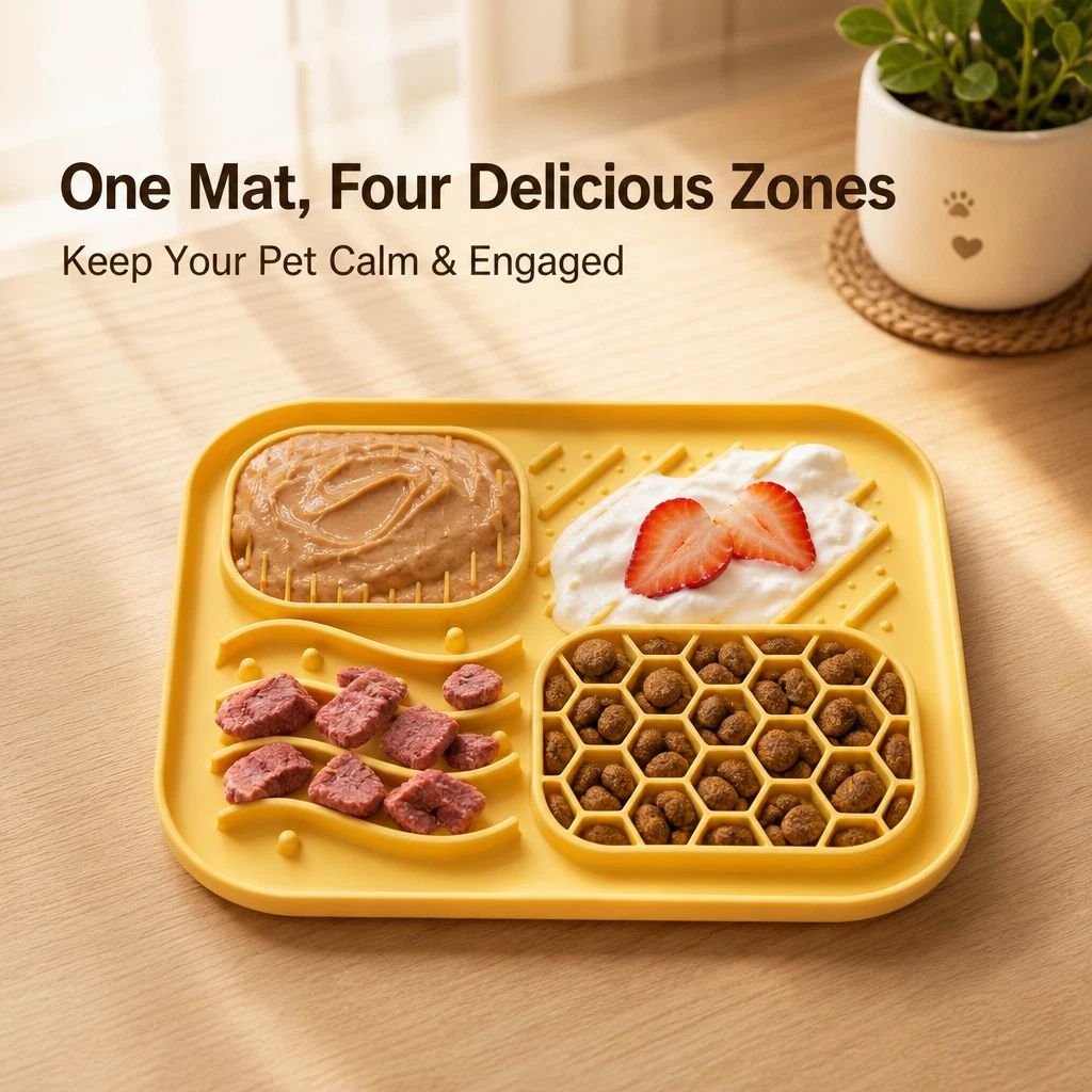 Silicone 4‑Zone Licking & Slow‑Feeding Mat – Suction Cups for Dogs & Cats