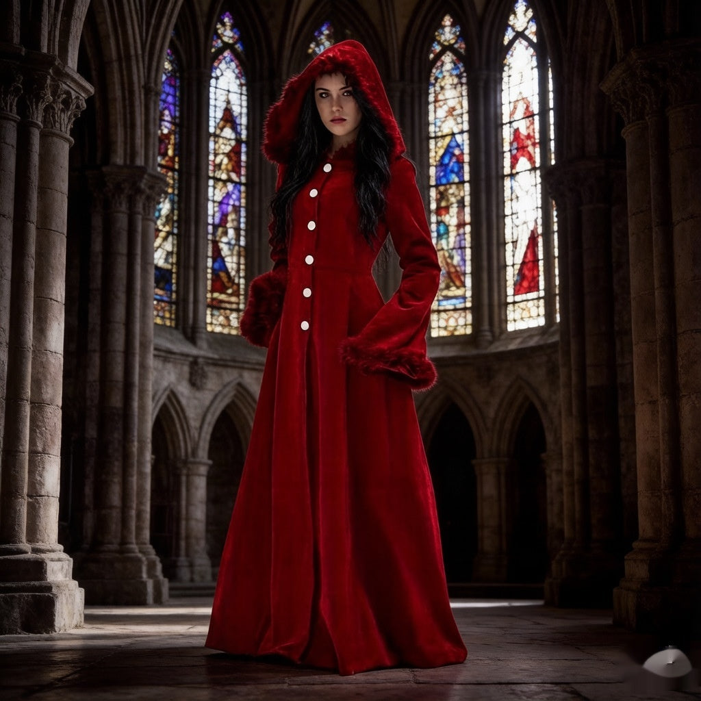 Adjustable Retro Fur Collar Hood Trench Coat – Large Swing Design