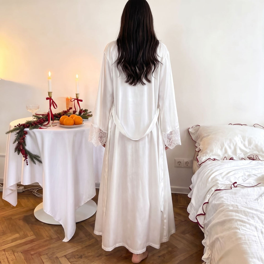Elegant Lace V-Neck Long Camisole Nightdress with Cuffs