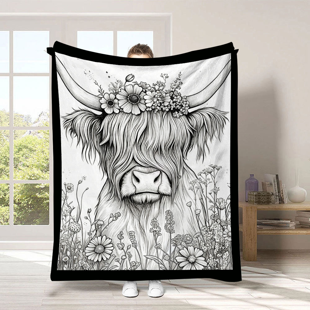 Reversible Highland Cattle Graffiti Blanket – Soft, Plush Travel Companion