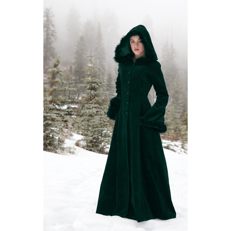 Adjustable Retro Fur Collar Hood Trench Coat – Large Swing Design