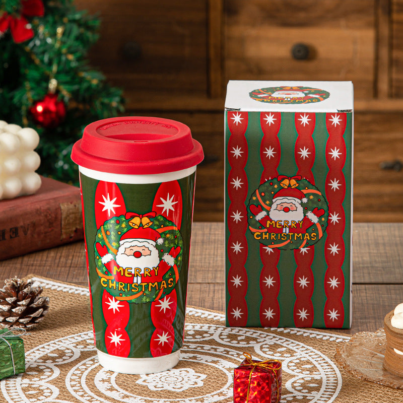 Cartoon Christmas Large-Capacity Ceramic Mug With Lid Gift