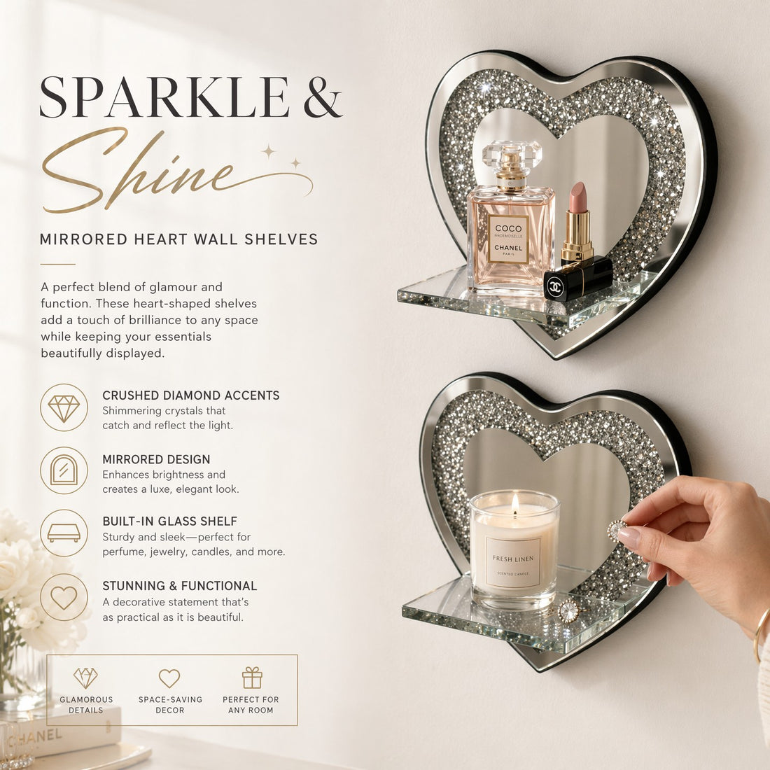 Heart-Shaped Mirrored Shelf with Diamond Inlay