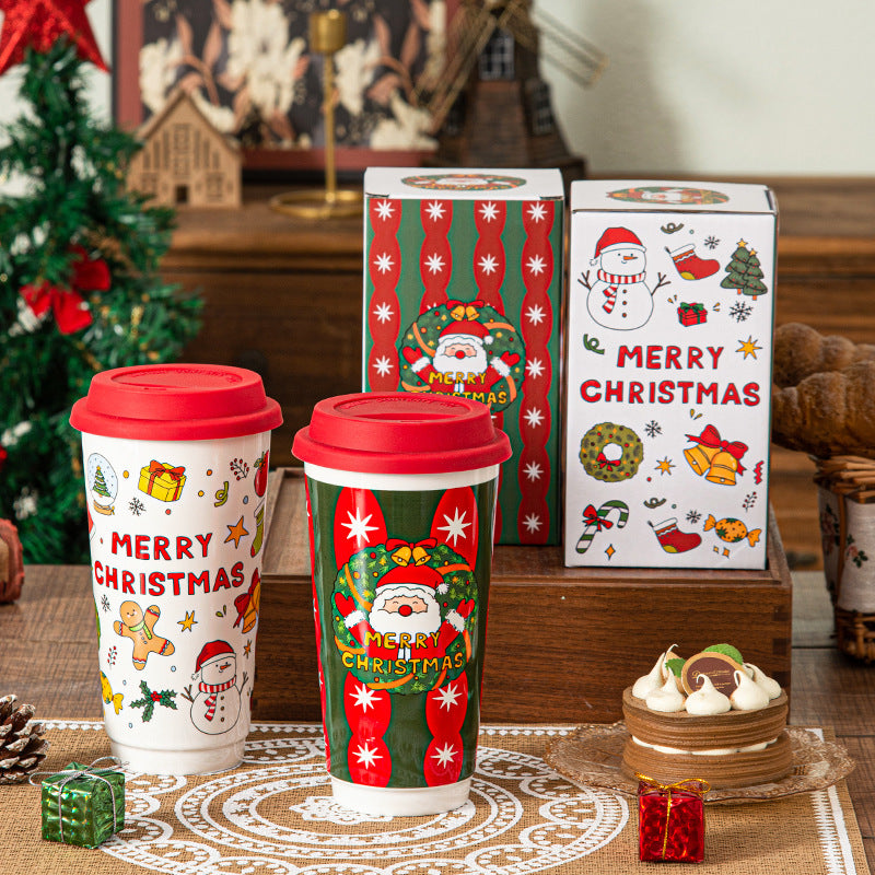 Cartoon Christmas Large-Capacity Ceramic Mug With Lid Gift