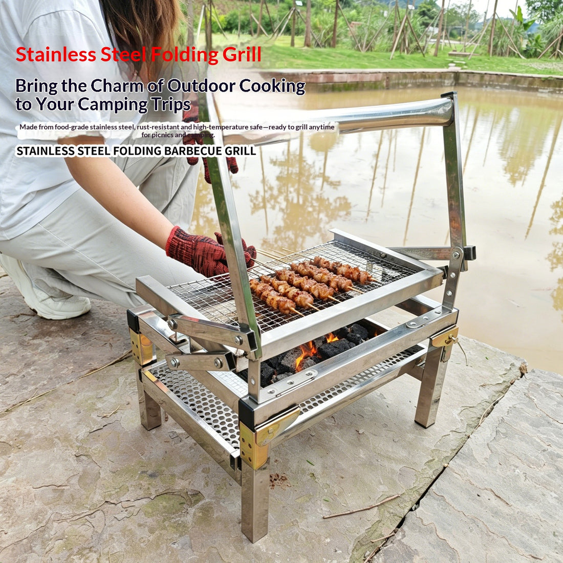 Portable Stainless Steel Folding BBQ Grill – Compact Picnic Table