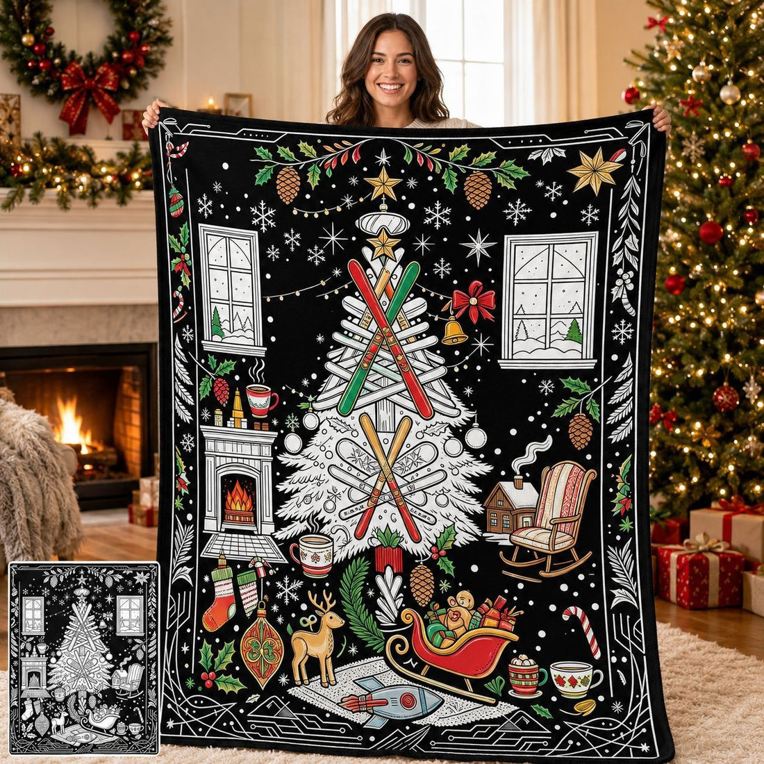 Cozy Hand‑Painted Santa & Elk Throw – Compact Picnic Blanket