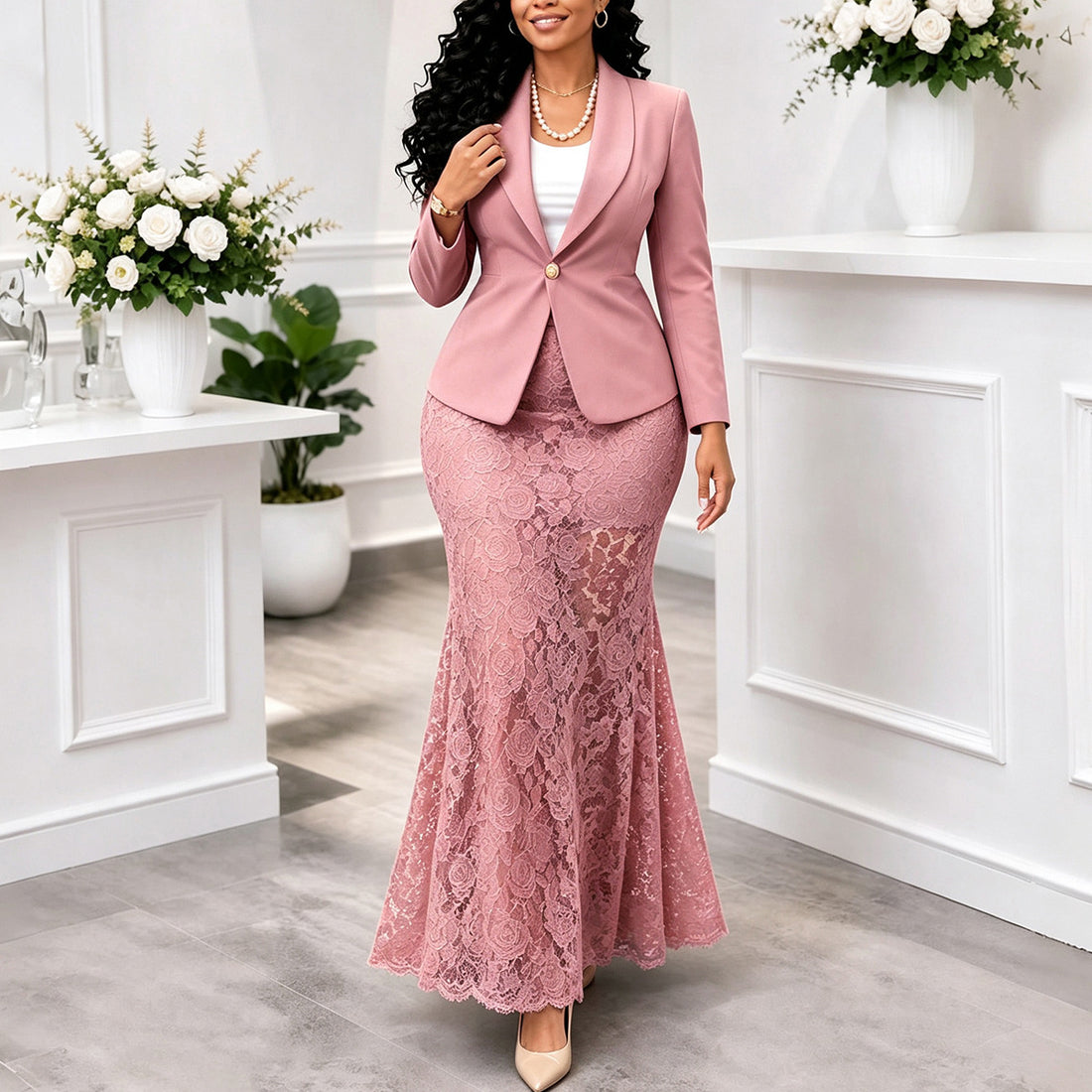 Elegant Lace Fishtail Skirt Set for Women