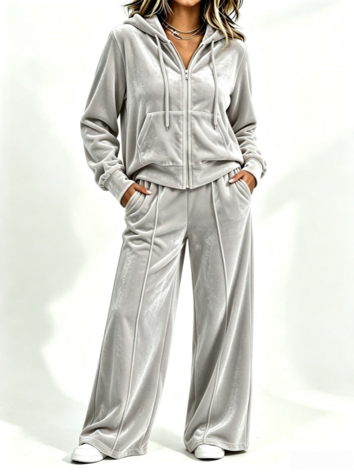 Velvet Hooded Sweatshirt & Wide‑Leg Pants Casual Set