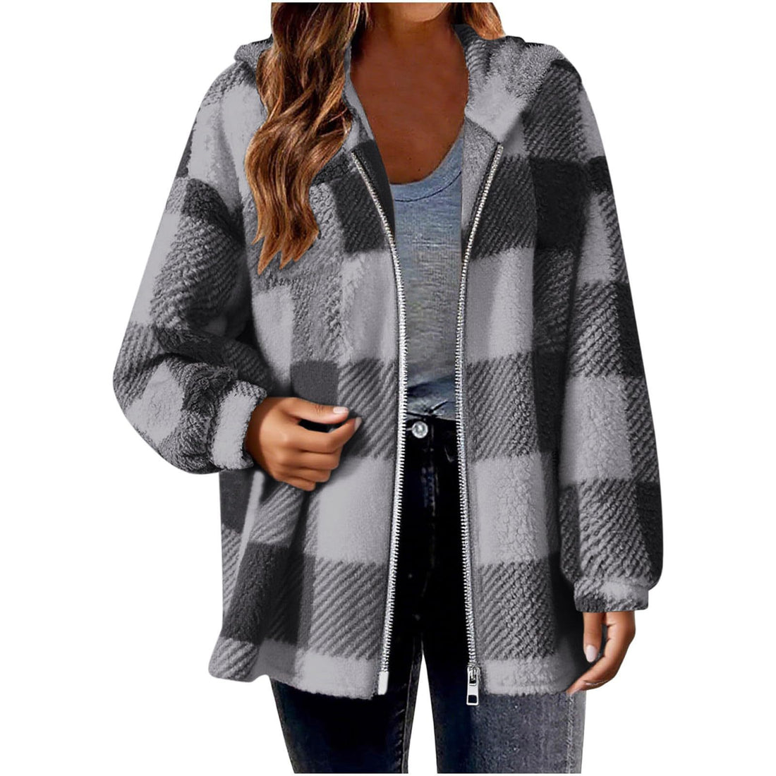 Elegant Plaid Long‑Sleeve Hooded Jacket – Cozy & Versatile