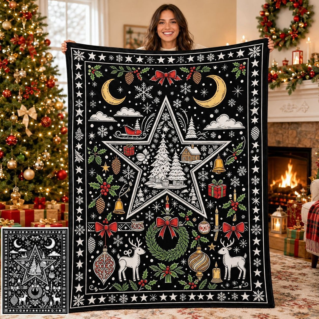 Cozy Hand‑Painted Santa & Elk Throw – Compact Picnic Blanket