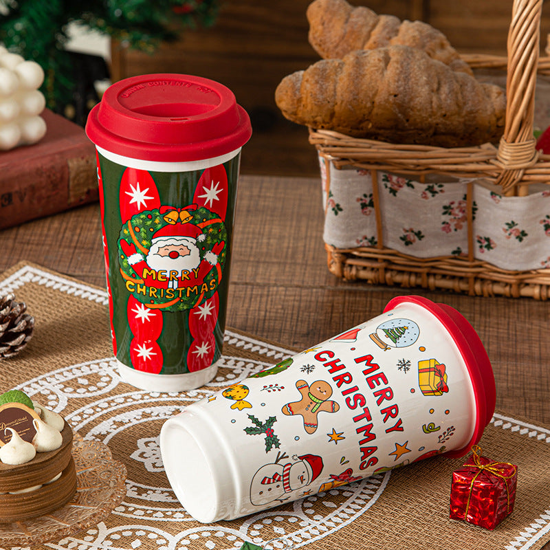 Cartoon Christmas Large-Capacity Ceramic Mug With Lid Gift