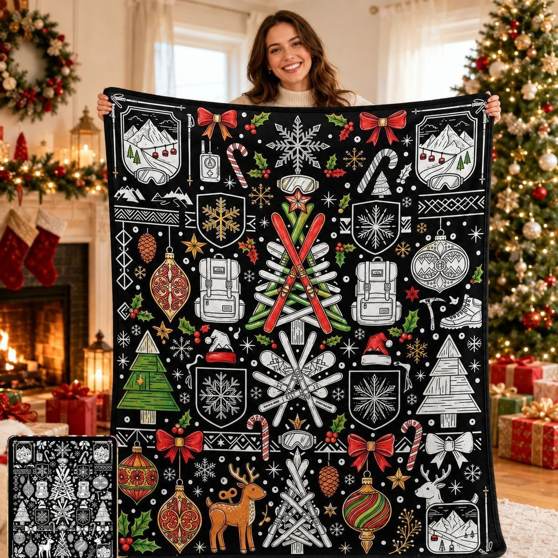 Cozy Hand‑Painted Santa & Elk Throw – Compact Picnic Blanket