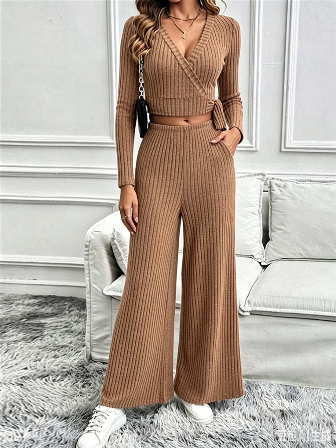 Women's Ribbed Knit 2-Piece Loungewear Set – Wrap Top & Wide Leg Pants
