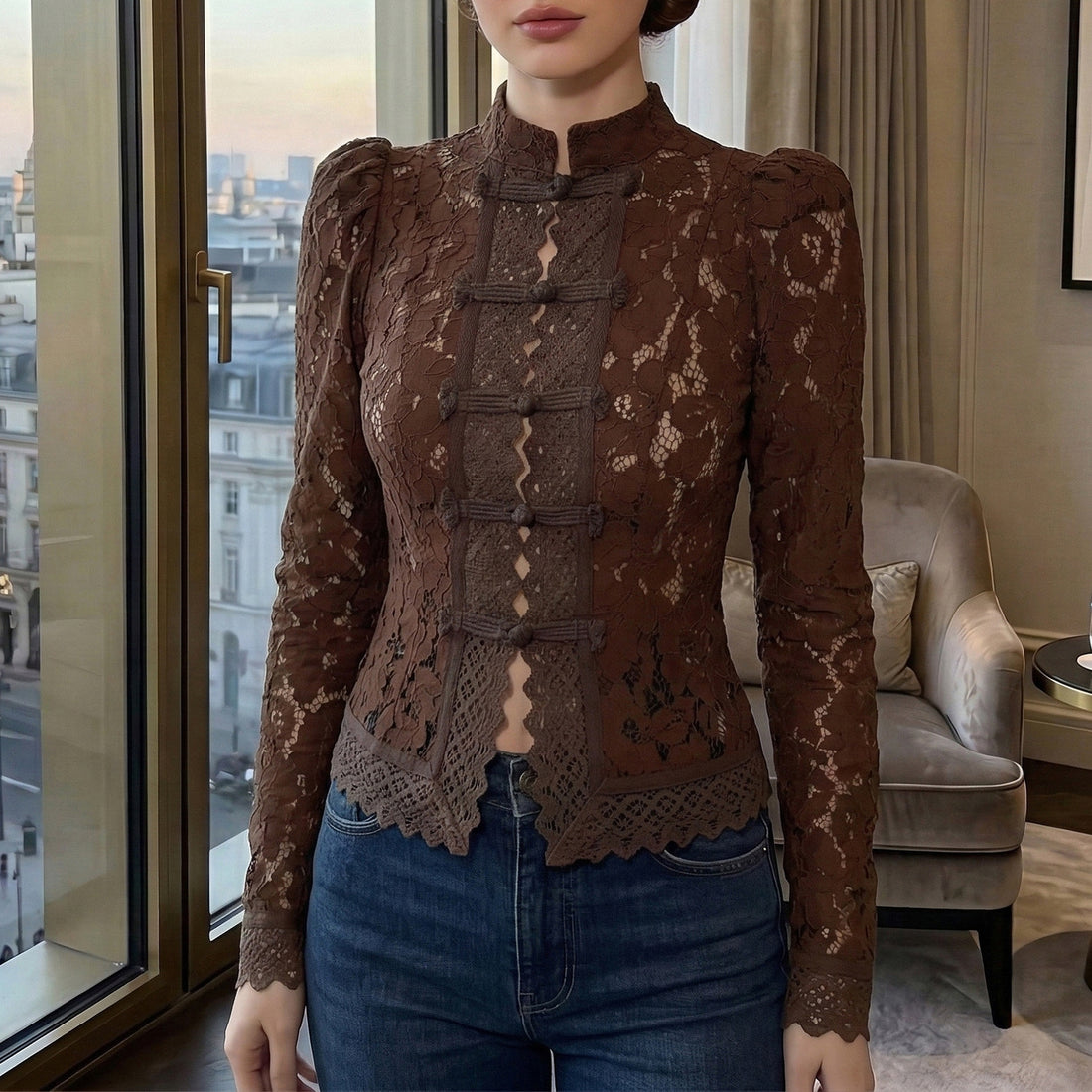 Adjustable Phone Stand Shirt – Slim Lace Crochet Collar