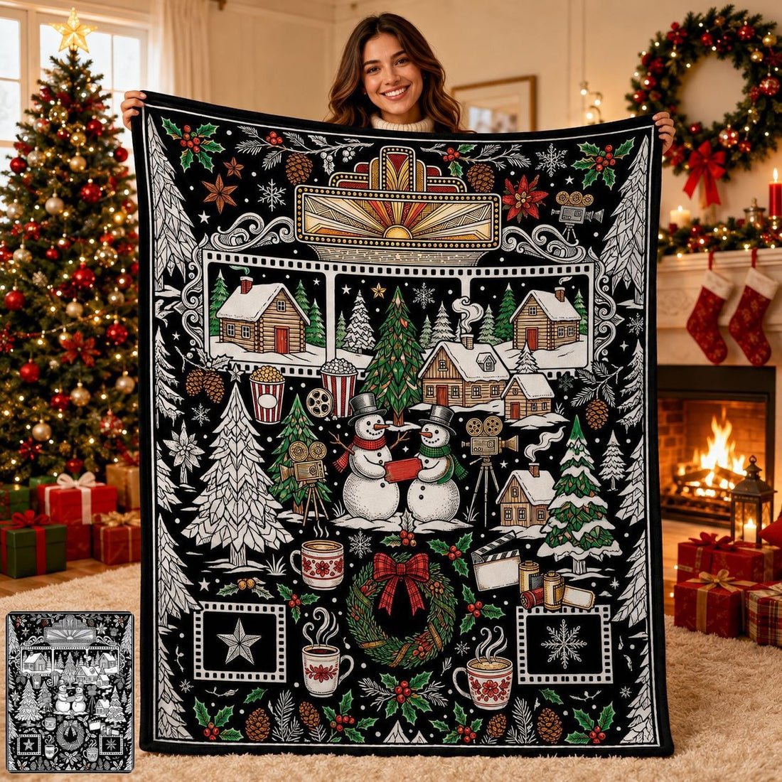 Cozy Hand‑Painted Santa & Elk Throw – Compact Picnic Blanket