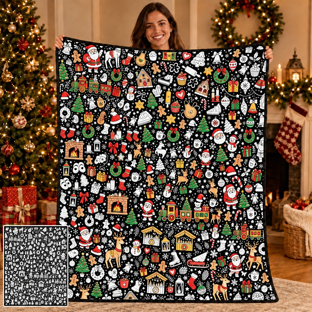 Cozy Hand‑Painted Santa & Elk Throw – Compact Picnic Blanket