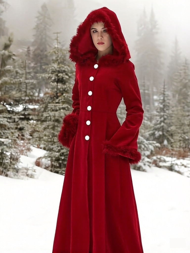 Adjustable Retro Fur Collar Hood Trench Coat – Large Swing Design