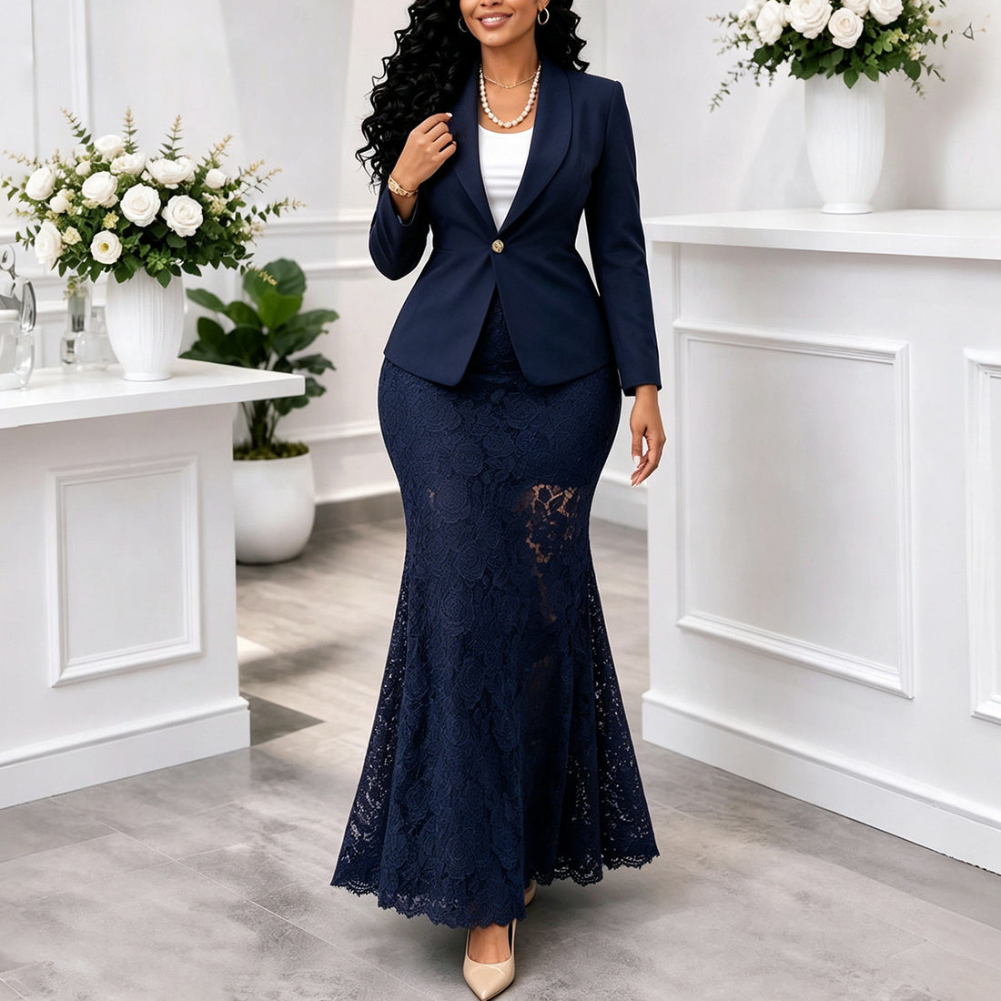 Elegant Lace Fishtail Skirt Set for Women
