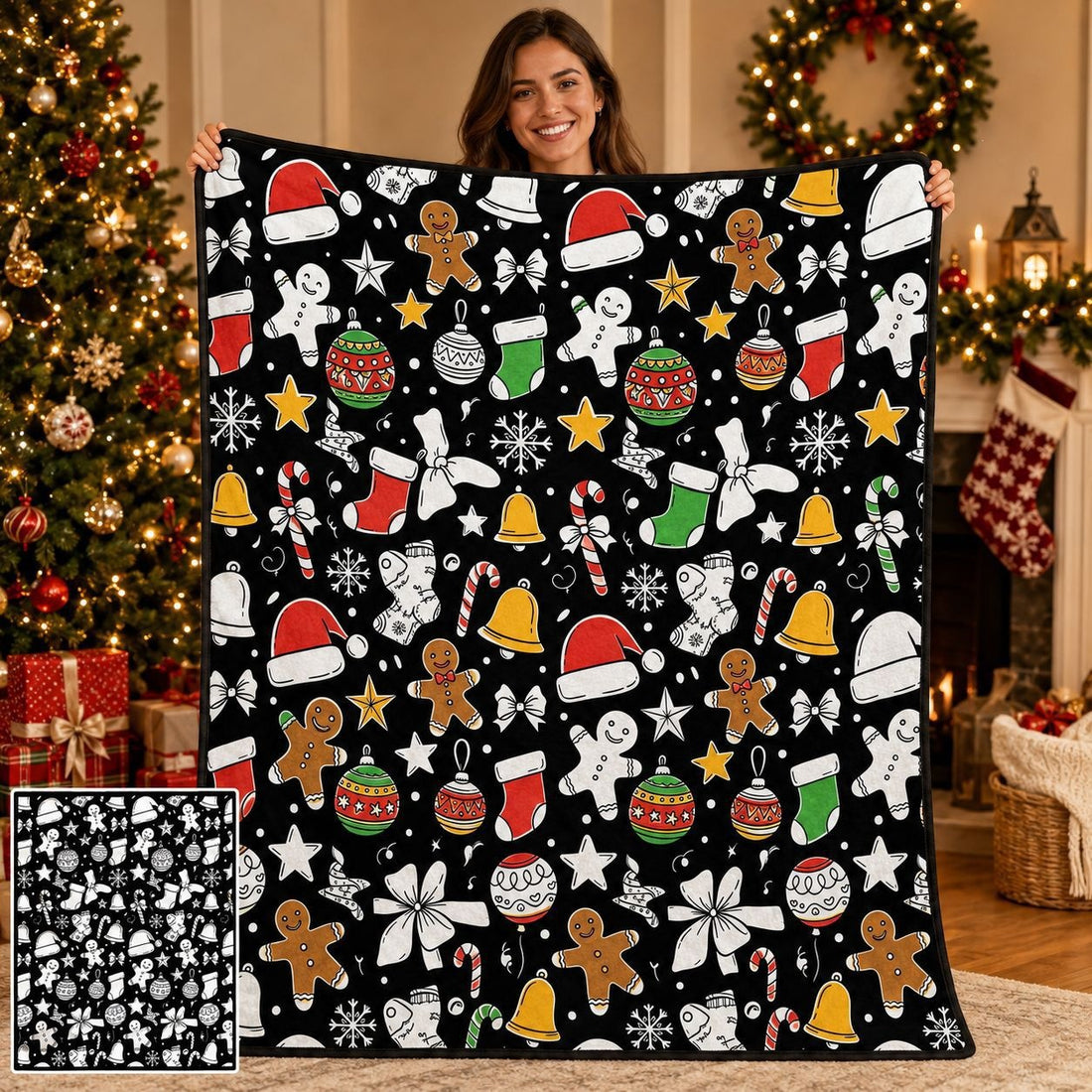 Cozy Hand‑Painted Santa & Elk Throw – Compact Picnic Blanket