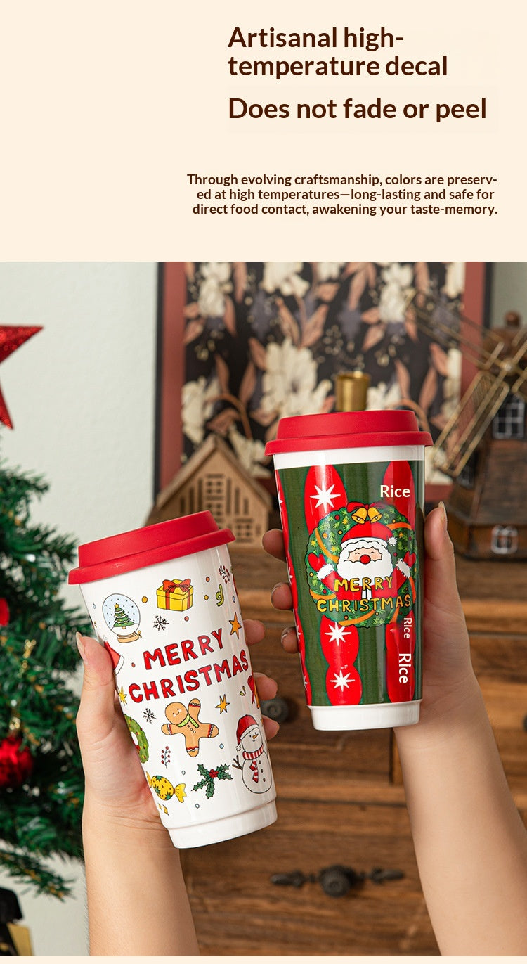 Cartoon Christmas Large-Capacity Ceramic Mug With Lid Gift