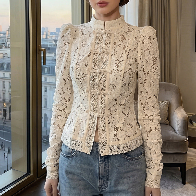 Adjustable Phone Stand Shirt – Slim Lace Crochet Collar
