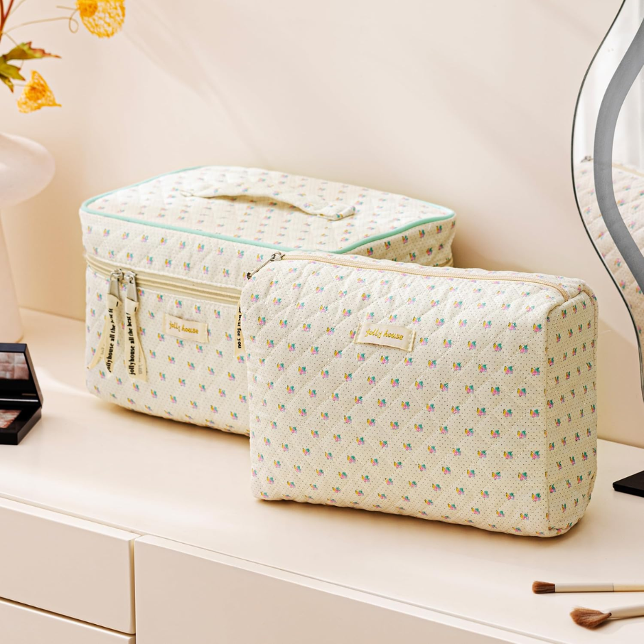Quilted Makeup Bag, 3Pcs Cotton Large Travel Makeup Bags Organizer