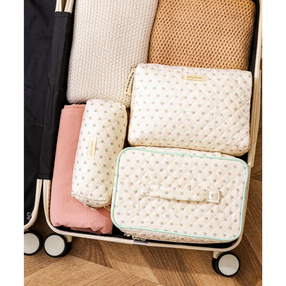 Quilted Makeup Bag, 3Pcs Cotton Large Travel Makeup Bags Organizer