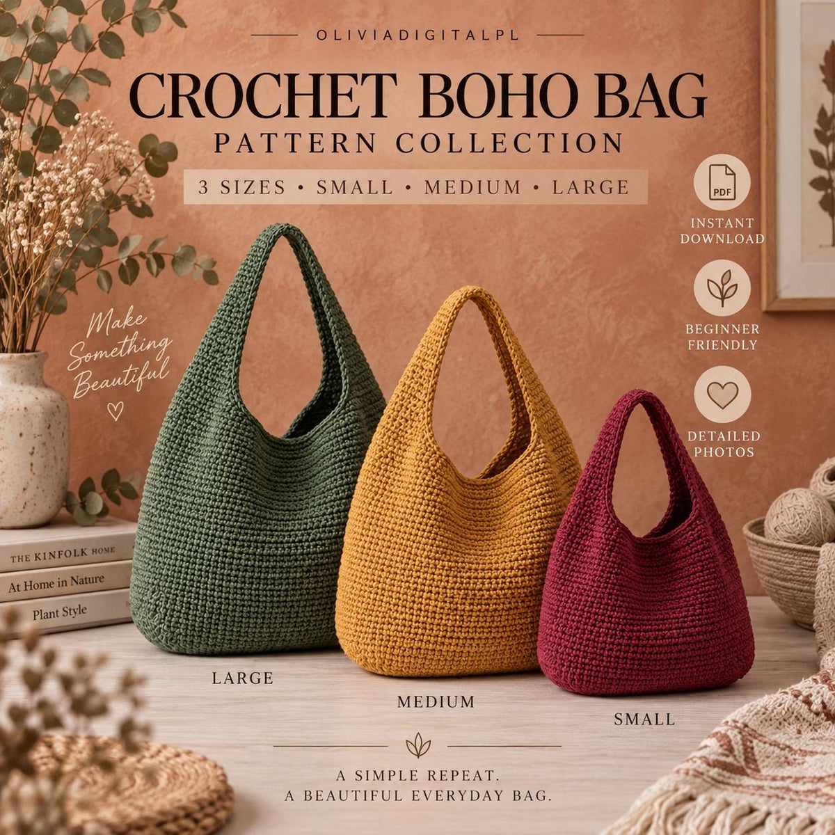 Crochet Boho Half Moon Bag Pattern, 3 Sizes, Beginner Friendly (PDF Download)