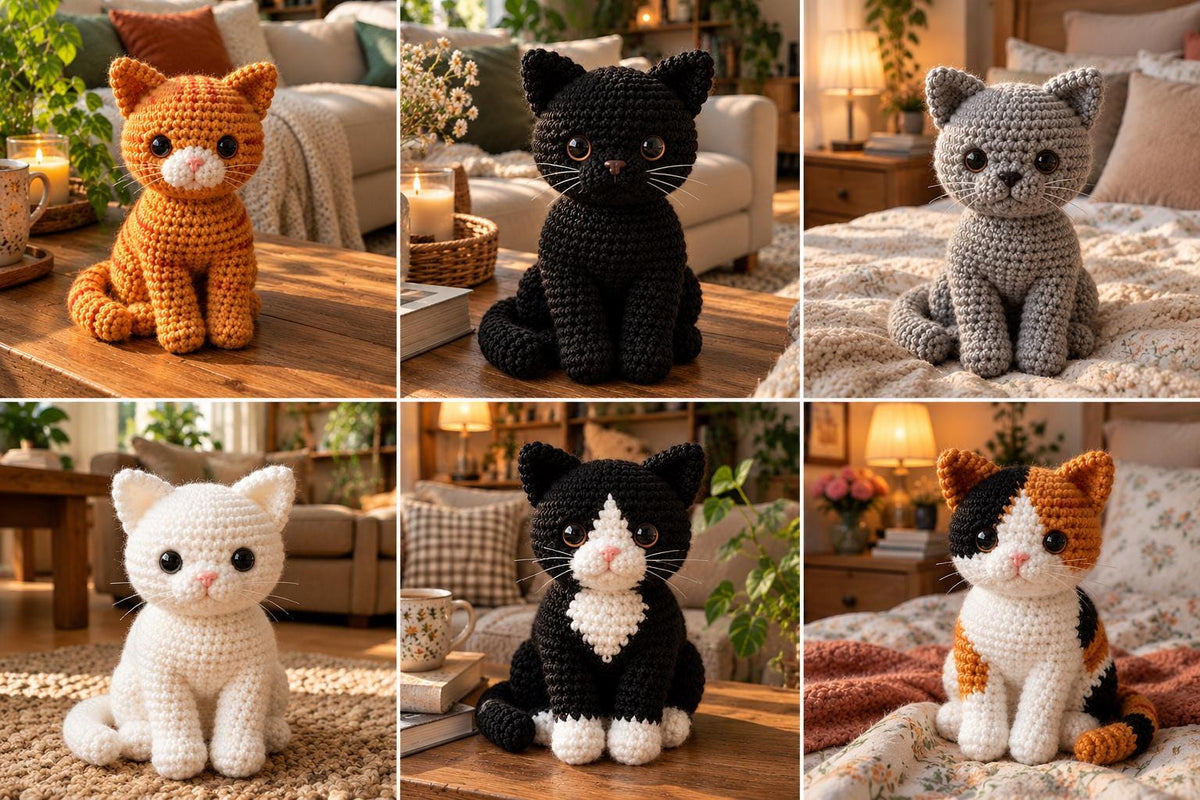6 Sitting Cat Crochet Pattern Collection, PDF, Amigurumi Bundle, Beginner Friendly
