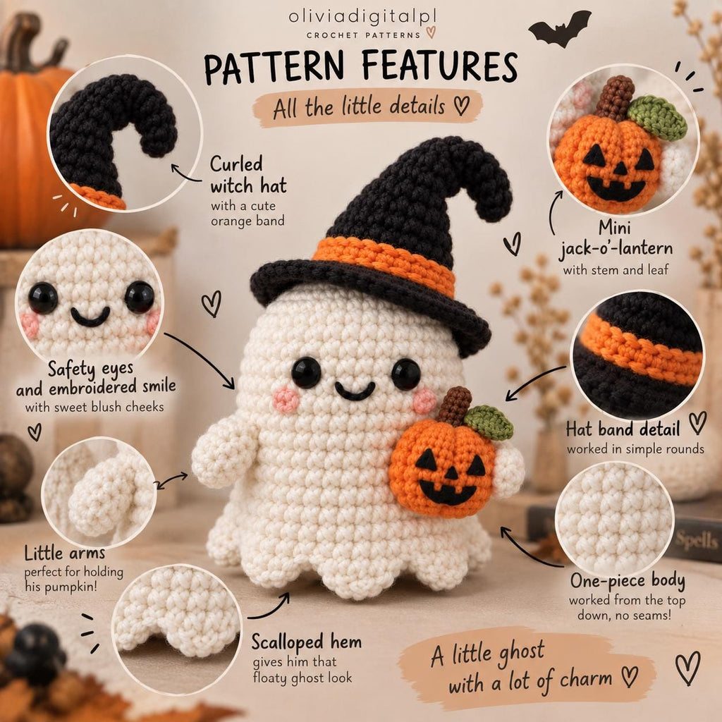 Halloween ghost Crochet pattern, witch Ghost with Hats,  Amigurumi, digital Tutorial, Decoration, Gift